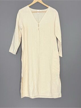 DKNY Pure 100% Linen Shift Dress Cream Ivory Minimalist Lagenlook Midi M